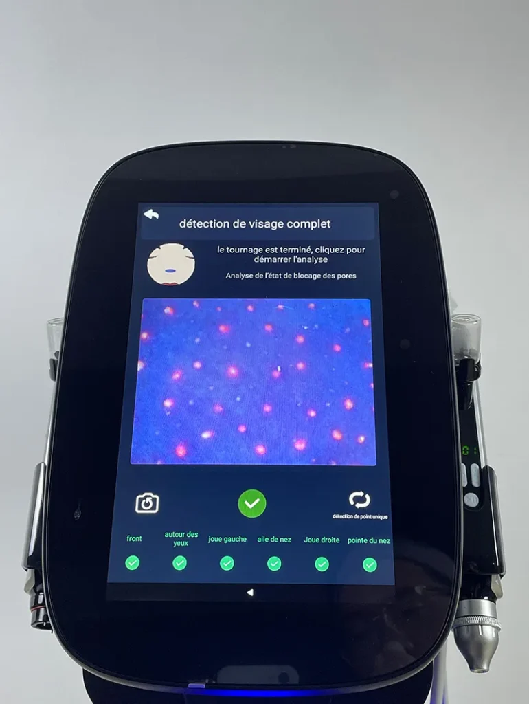 Step 8 for Skin Analysis System operation on Hydro Dermabrasion Facial Machine, capture images of the nasal tip following the instructions