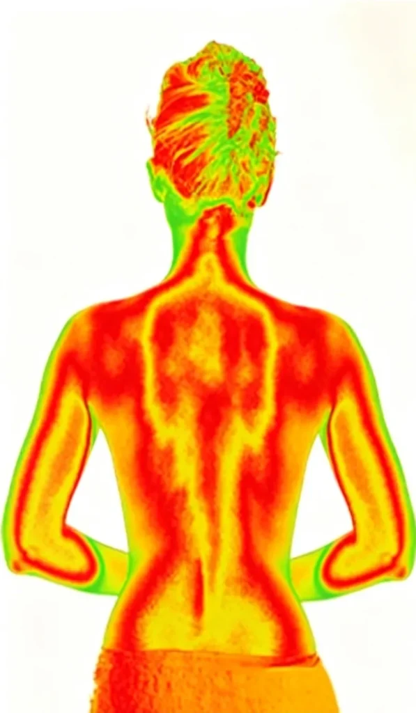 Full back infrared thermal imaging scan after deep heat therapy session inside portable infrared sauna dome showing improved full-body blood circulation