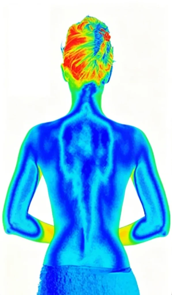 Back view human infrared thermal imaging scan before receiving heat therapy inside infrared sauna dome