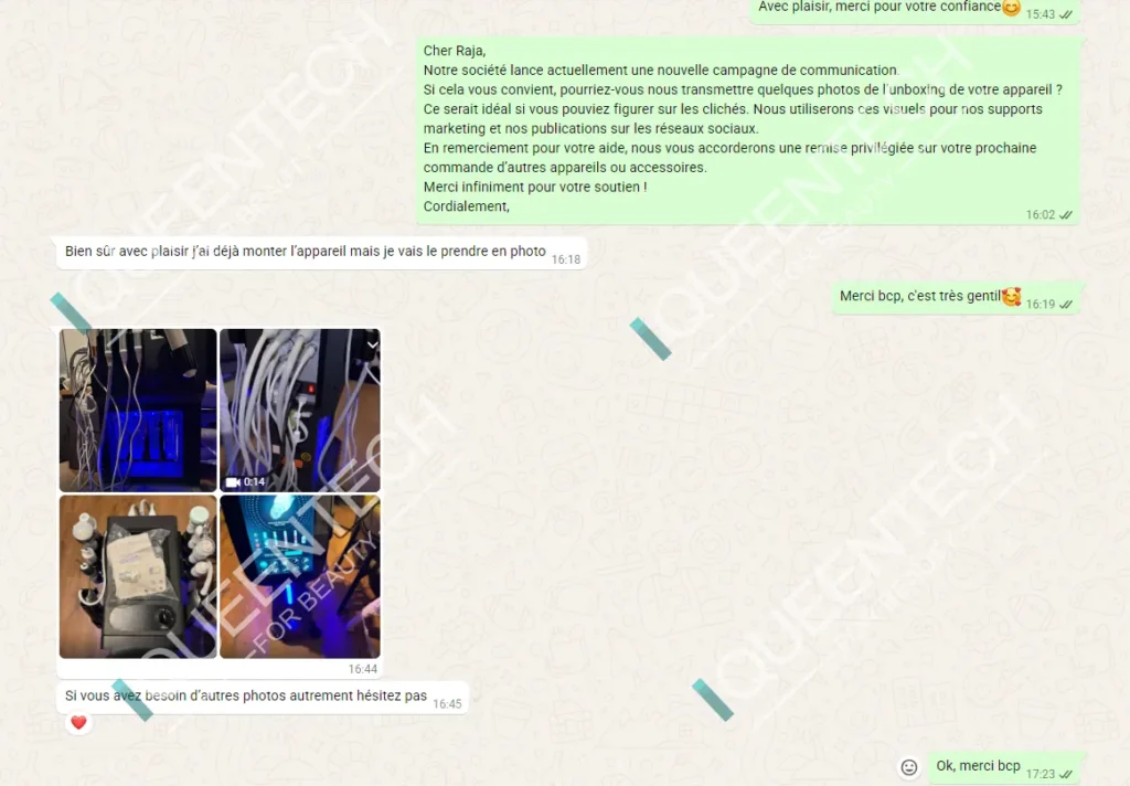 WhatsApp chat screenshot. We invite French client to provide unboxing photos of hydro dermabrasion facial machine for marketing and offer discount on future orders; the customer cooperates and sends real photos of the installed equipment.