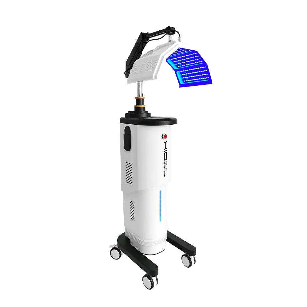 Left side view of 7 colors photodynamic therapy machine, rolling stand PDT LED facial beauty device for salon acne treatment, anti-aging and pigment correction skincare