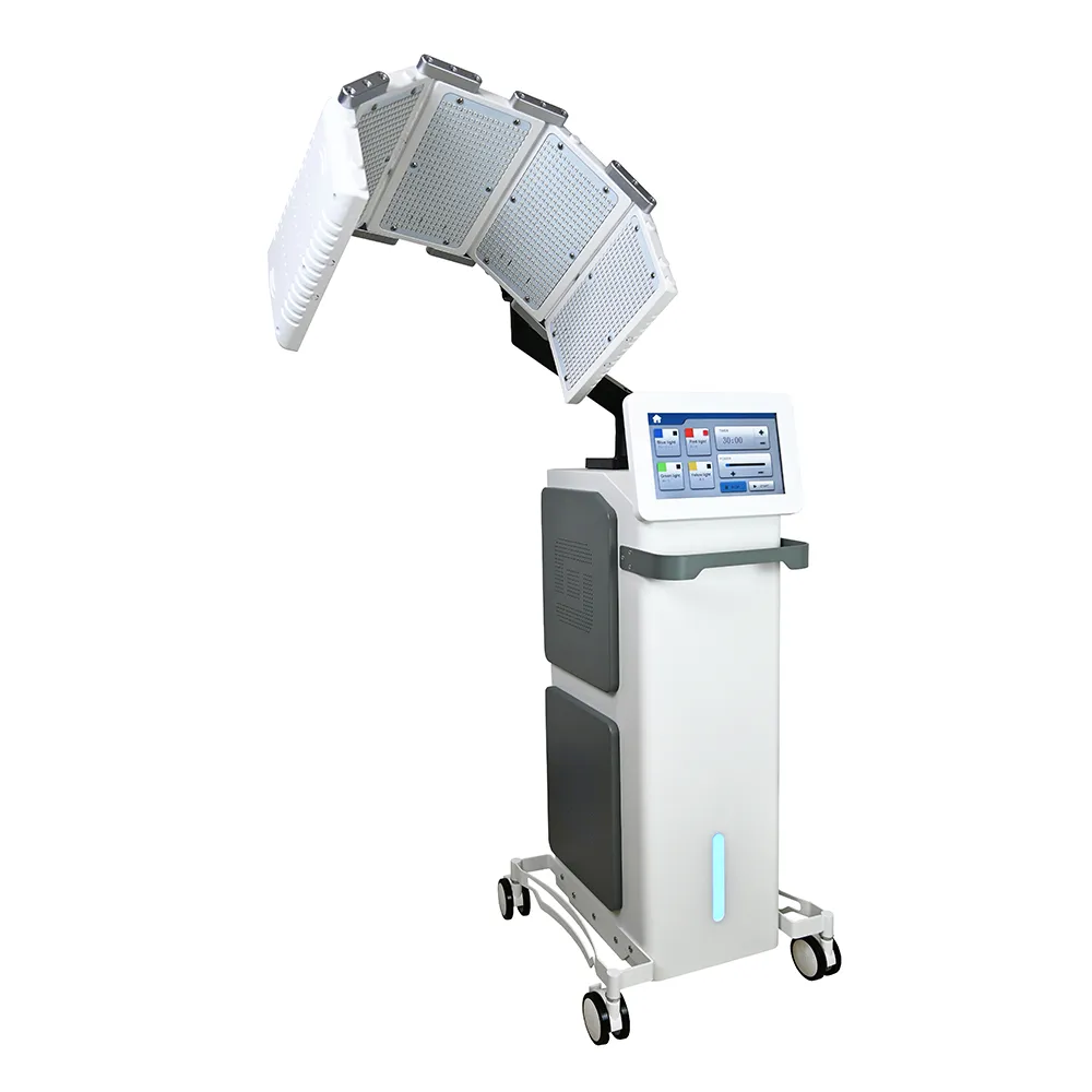 Left side view of vertical LED Light Therapy Machine, professional PDT photodynamic facial skincare device with foldable curved LED lamp panel and rolling trolley base for salon treatments