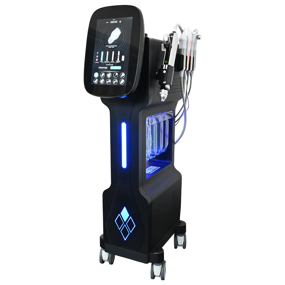 Vertical multi-functional hydradermabrasion machine on white background, professional hydrafacial beauty equipment with touch screen and mobile casters