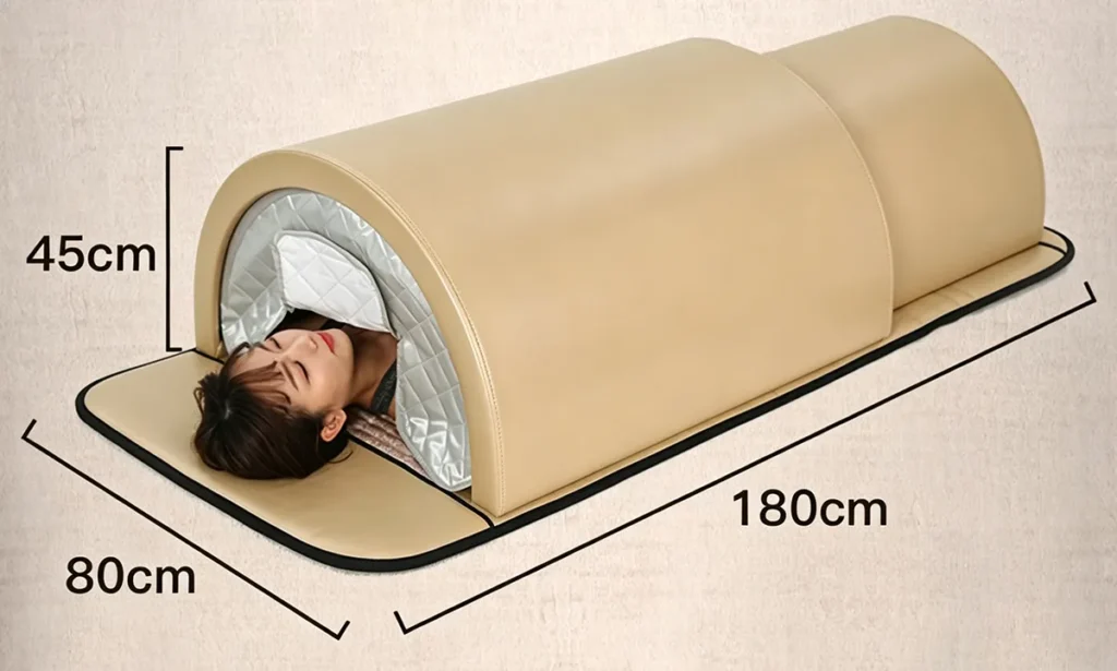 infrared sauna dome dimension diagram with user inside, overall size 180cm×80cm×45cm for full body home far infrared therapy