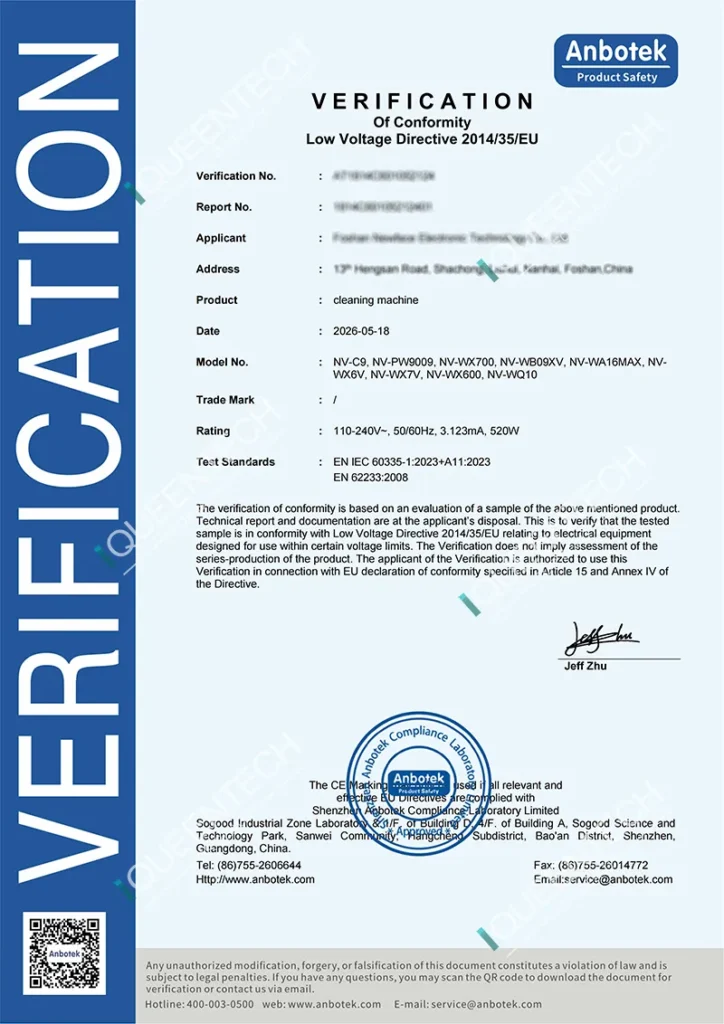 CE Low Voltage Directive Certificate for Smart Ice Blue Portable Hydro Dermabrasion Machine