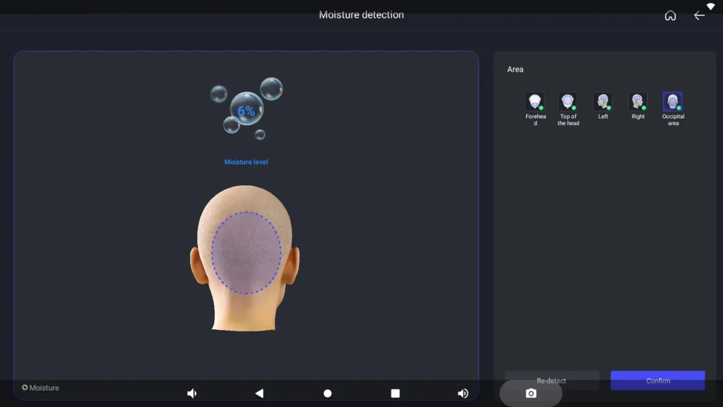Hair and scalp analysis machine scalp moisture level detection test interface