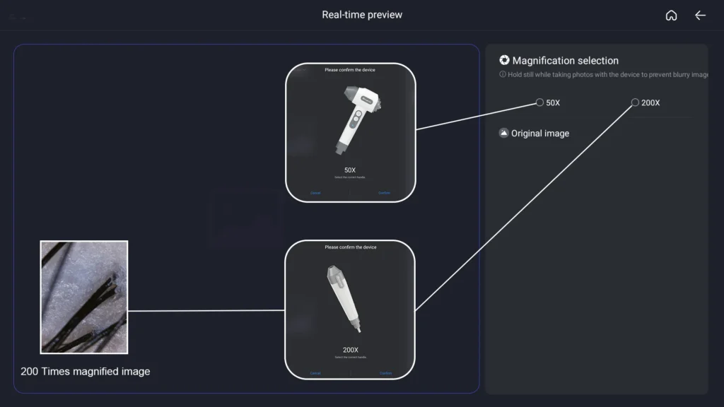 Hair and scalp analysis machine real‑time preview of scalp and hair follicle imaging