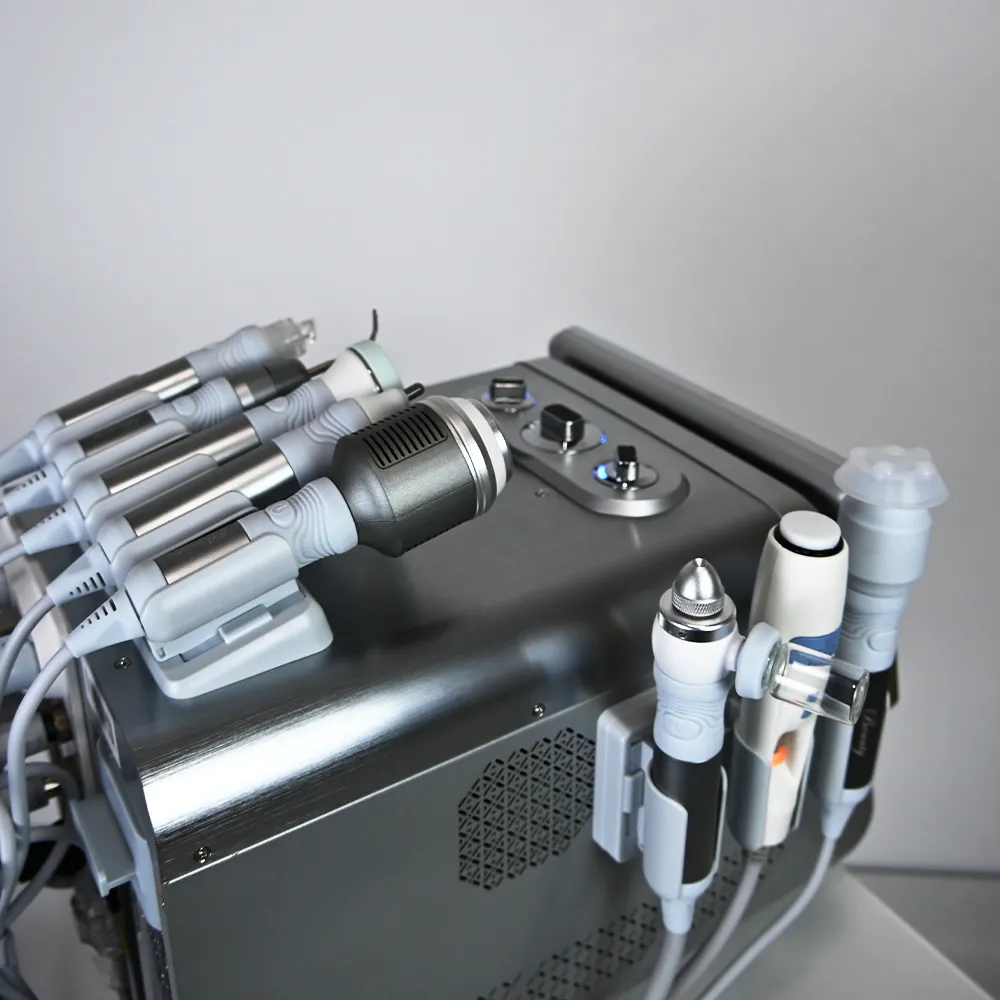 Smart Ice Blue Portable Hydro Dermabrasion Machine Rear Angle View with All Handpieces