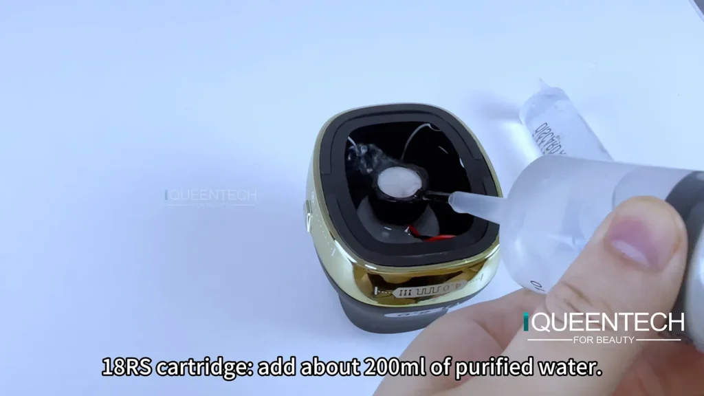 Add 200ml purified water into 18RS cartridge of 25D 360 MAX HIFU machine