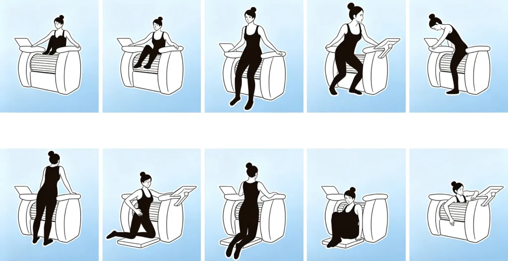 Lymphatic Body Roller Machine operation demonstration chart, guide for massaging arms, back, abdomen, hips and shoulders