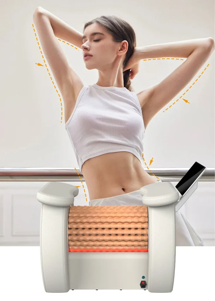 Lymphatic Body Roller Machine poster, woman doing body lymphatic massage with roller beauty equipment for body shaping and detox