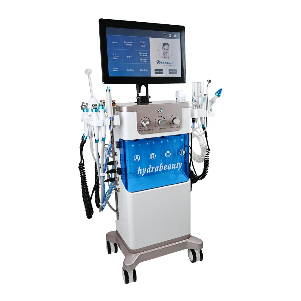 15 in 1 Hydrodermabrasion Facial Machine left side view, multifunctional hydrafacial beauty machine with multiple handles for salon skincare