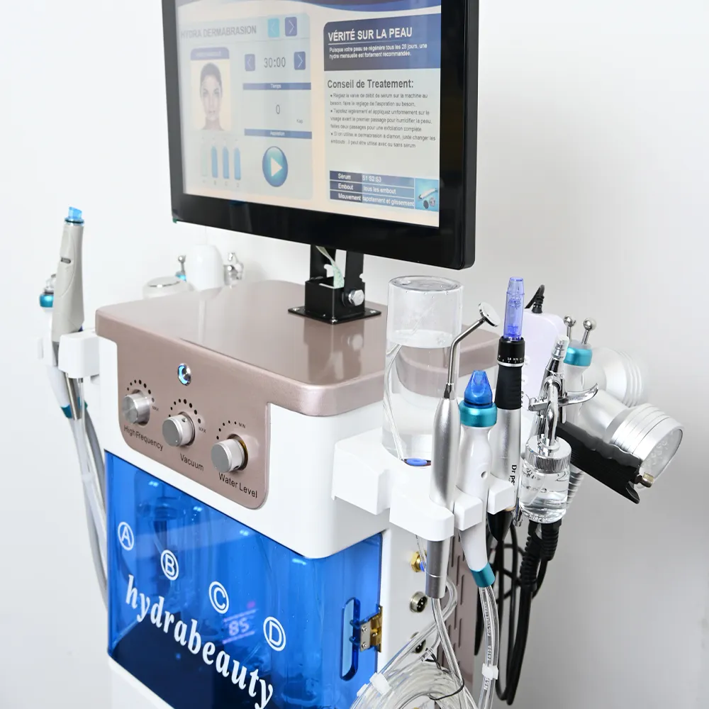 15 in 1 Hydrodermabrasion Facial Machine close-up view of right side treatment handles, multifunctional hydrafacial beauty device for salon skincare