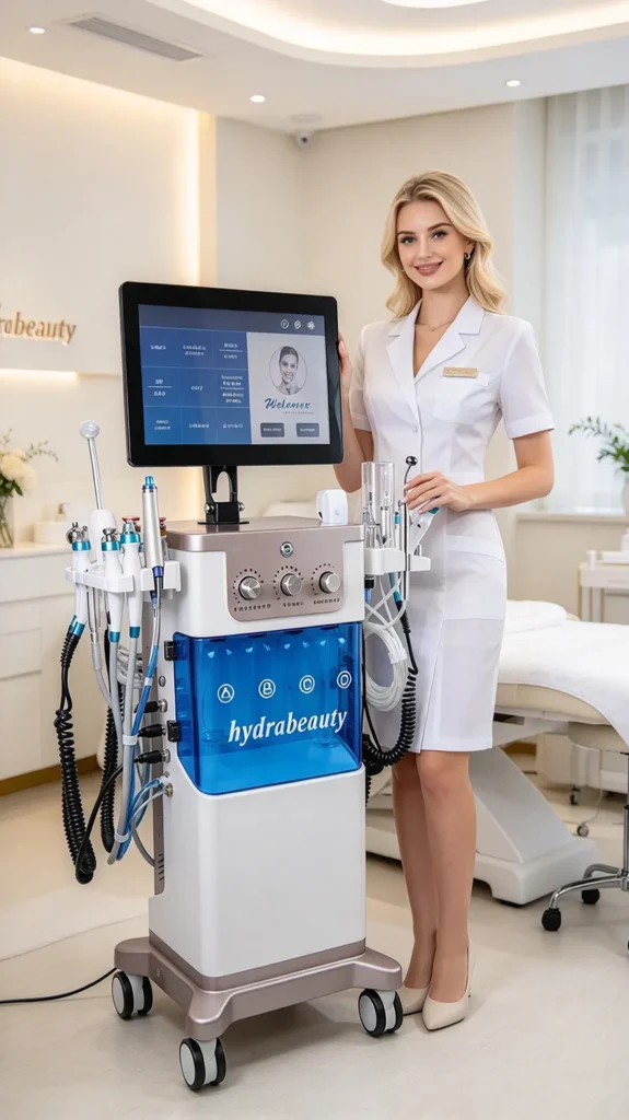 Appareil hydraskin hydrodermabrasion, équipement de beauté professionnel dans un institut avec esthéticienne