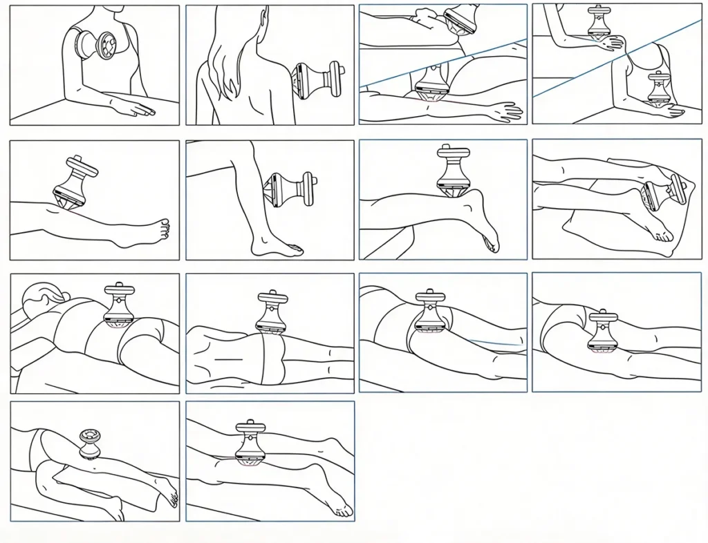 Operation posture guide for Piezoelectric Focused Shockwave Therapy Machine, shockwave treatment position illustrations for different body parts