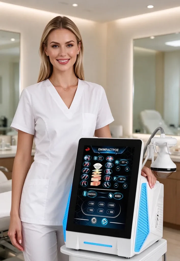 Clinic display photo of Piezoelectric Focused Shockwave Therapy Machine, professional shockwave physiotherapy equipment for pain rehabilitation