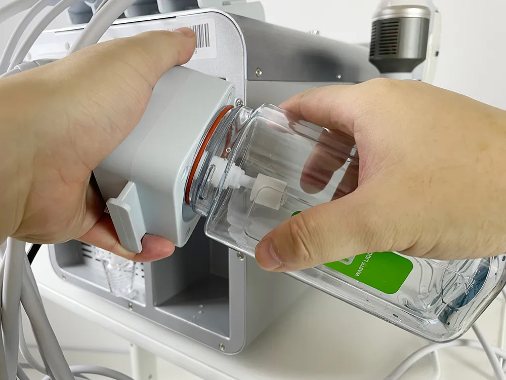 portable hydro dermabrasion machine smart ice blue pro install cover of waste liquid bottle, reassemble waste bottle lid maintenance tutorial