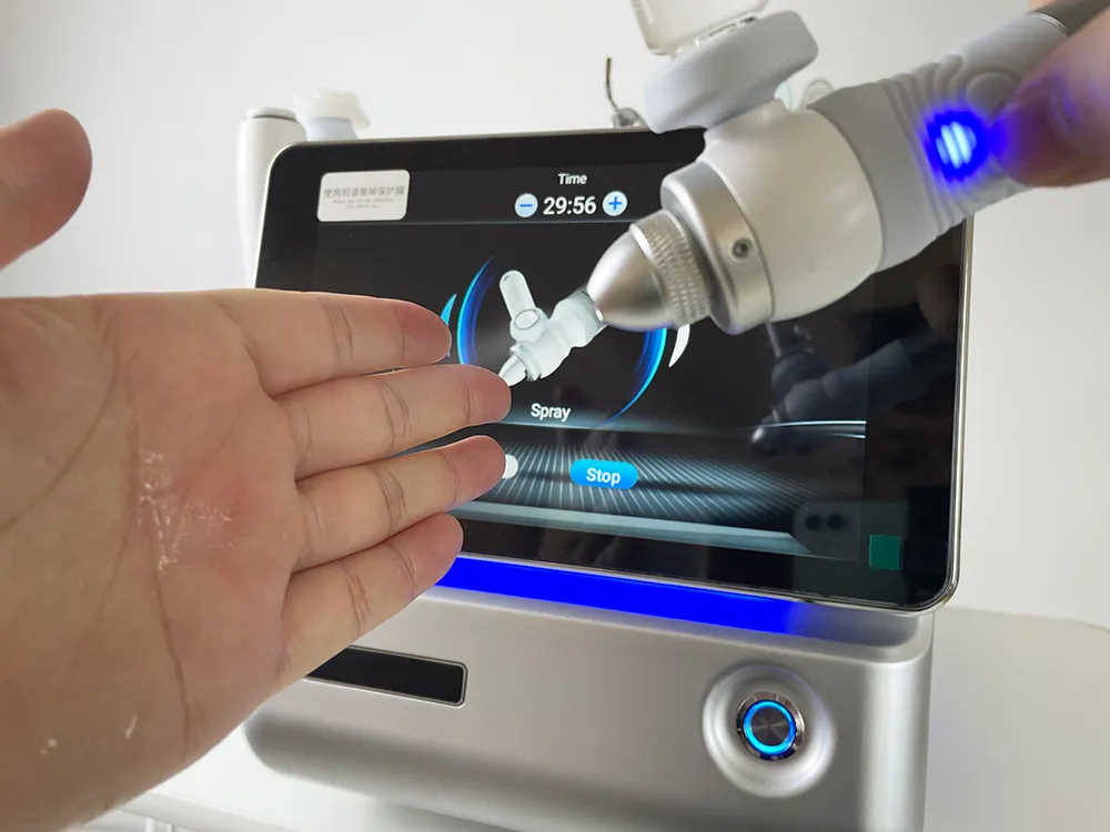 portable hydro dermabrasion machine smart ice blue pro start water spray cleaning test, hydro dermabrasion handpiece spray function operation guide