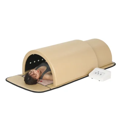 full body infrared sauna dome main product photo with control box, woman lying inside for home far infrared PEMF therapy